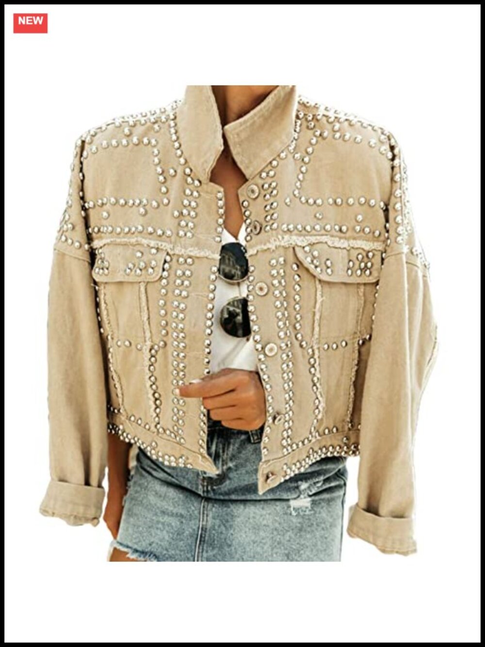 Women's Crop Fringe Denim Jacket Distressed Studded Trucker Western Jacket